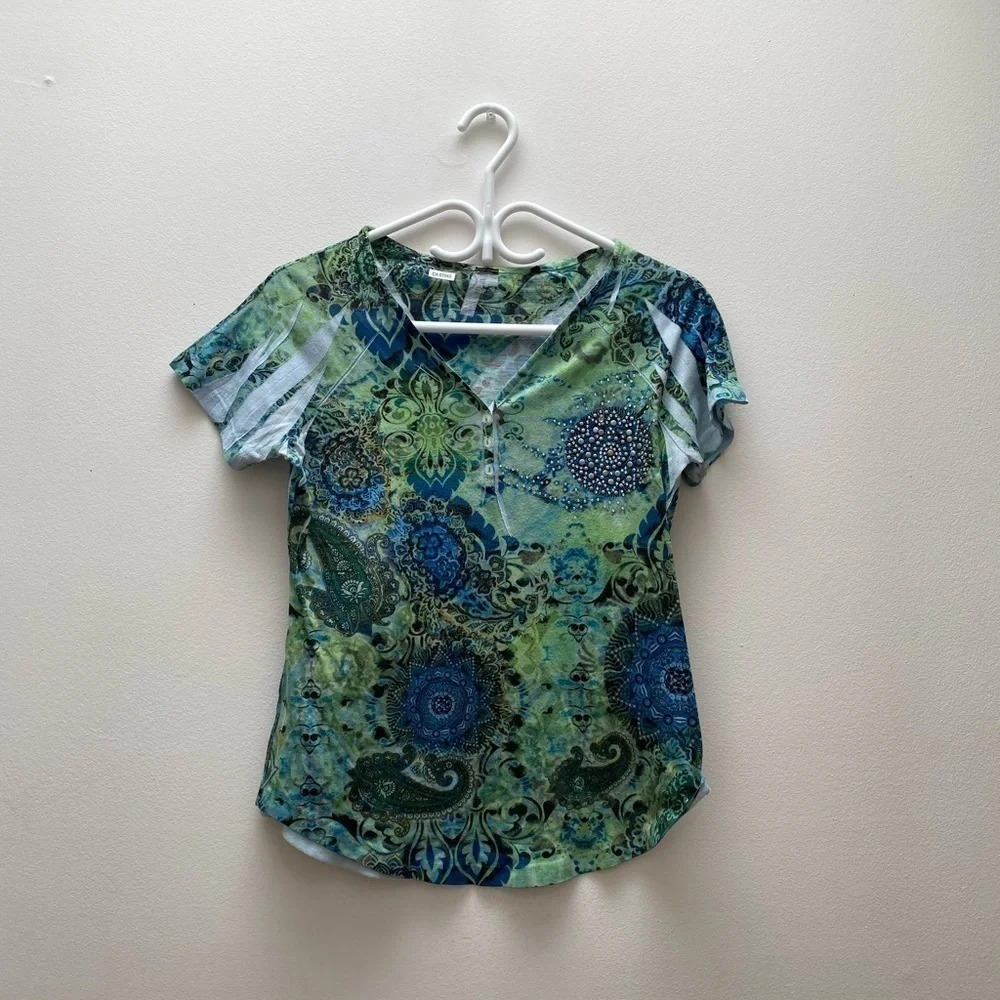 Vintage - 2000’s Y2K Vibrant Green Paisley Floral Short Sleeve Shirt
